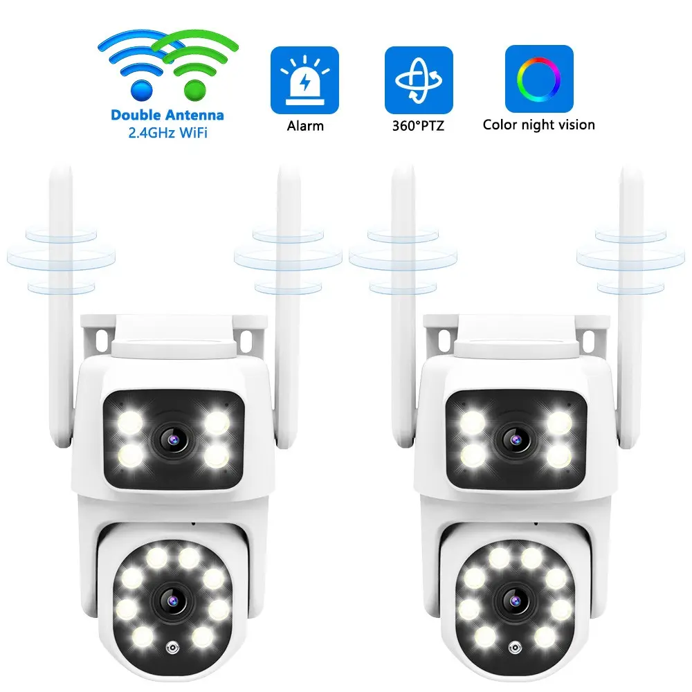 2 Pack Dual-Lens Solar Security Camera, Home Security Cameras, 3mp Wide-Angle & Ptz 360°, Color Night Vision, 2-Way Talk, Pir Motion Detection, Wire-Free, Wifi Surveillance Camera