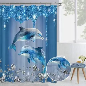 Waterproof Dolphin Pattern Decorative Shower Curtain Set, Durable Polyester Fabric, Geometric Design Bathroom Accessories, 71x71 Inches