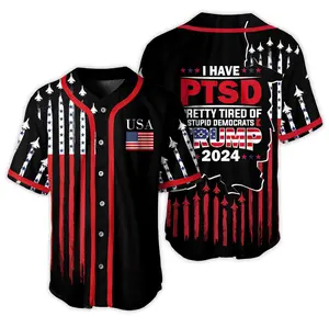 I Have PTSD Stupd Trump Baseball Jersey, American Flag Shirt for Men, Women, Button Down Summer Outfit, vintage style, funny Trump Jersey, Summer 2024 Jersey Style, Unisex Outfit