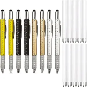 8-Pack 6-in-1 Multitool Pen Set - Includes Ruler, Level, Stylus &  with Refills - Tech Gadget  for Men (Yellow/Black//)