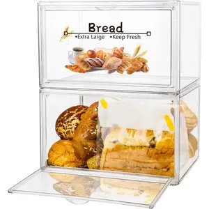 2 count Large Bread Box for Countertop, Stackable Double Layer Storage Container, Clear Boxes for Kitchen Counter, Bread Keeper for Homemade Bread, Bagel, Muffins, Rolls