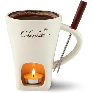 Chocolate Melting Cup Set Mini Multifunction Ceramic Fondue Pot with Fork Candle for Melted Chocolate Cheese Butter, Great for Home Party Birthday Date Night Wedding Gift, White