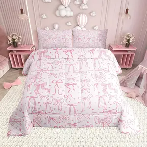Pink Bowknot Kids Comforter Set,Princess Girl Bedding Set,Cartoon Bow Tie Butterfly Knot Quilt Set,Bow Stars Love Pink Sweet Girly Duvet Insert Child Teens Woman Room Decor