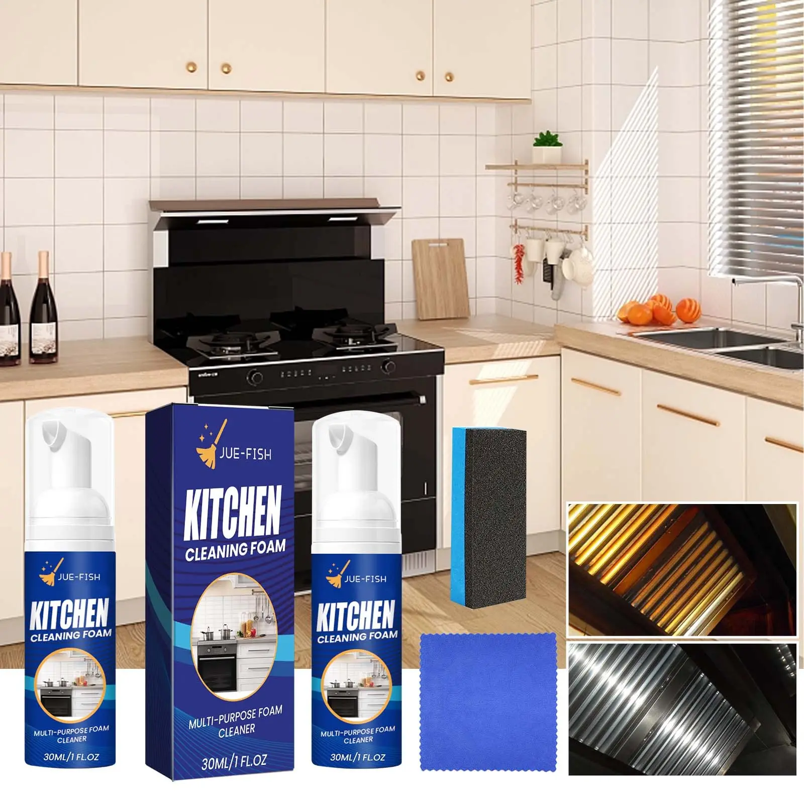 Jue-Fish Kitchen Foam Cleaner for Stoves and Range Hoods, Heavy Grease Removal Foam Cleaner, Effective Oil Stain and Residue Remover, Detergent