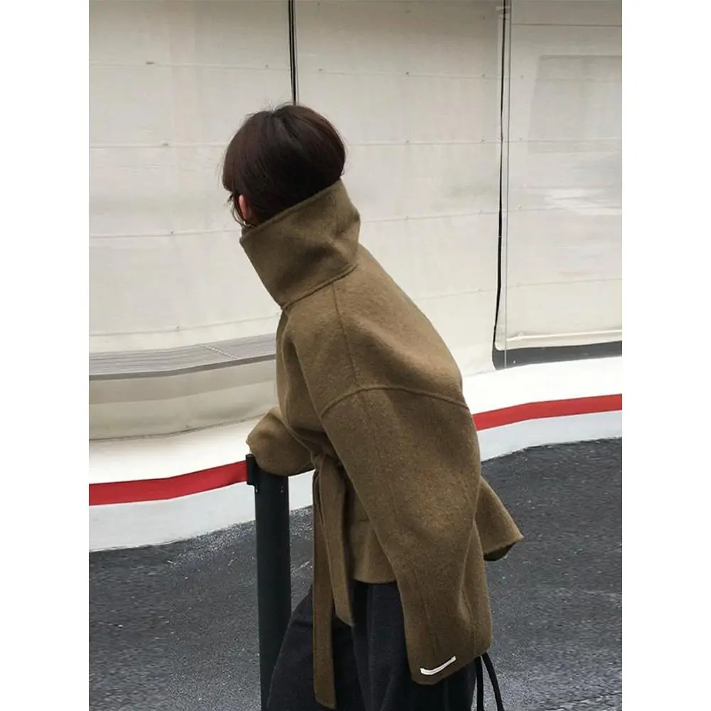 Women's 2025 New Autumn-Winter Turtleneck Oversized Double-Sided Woolen Outerwear, Adjustable Lace-Up Chic Coat for Everyday Wear, Matching Bottoms-Fit Pieces (Party Accessory)