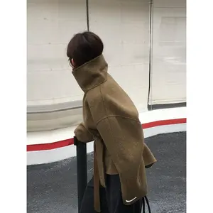 2025 new autumn and winter high collar fashionable loose double-sided woolen coat with lace up retro