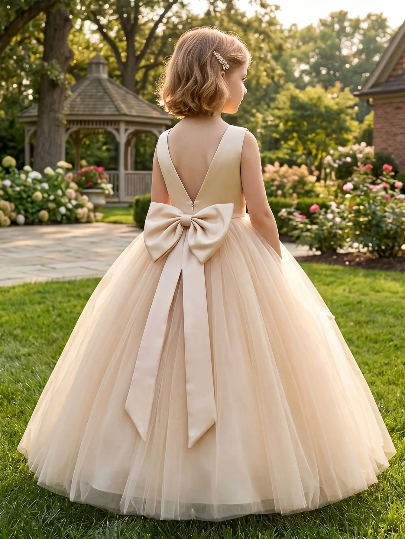 Tween Girl Puff Tulle A-Line Long Skirt, Elegant Champagne Princess Dress with Detachable Bow, V-Neck Backless Party Gown, Layered Mesh Evening Dress