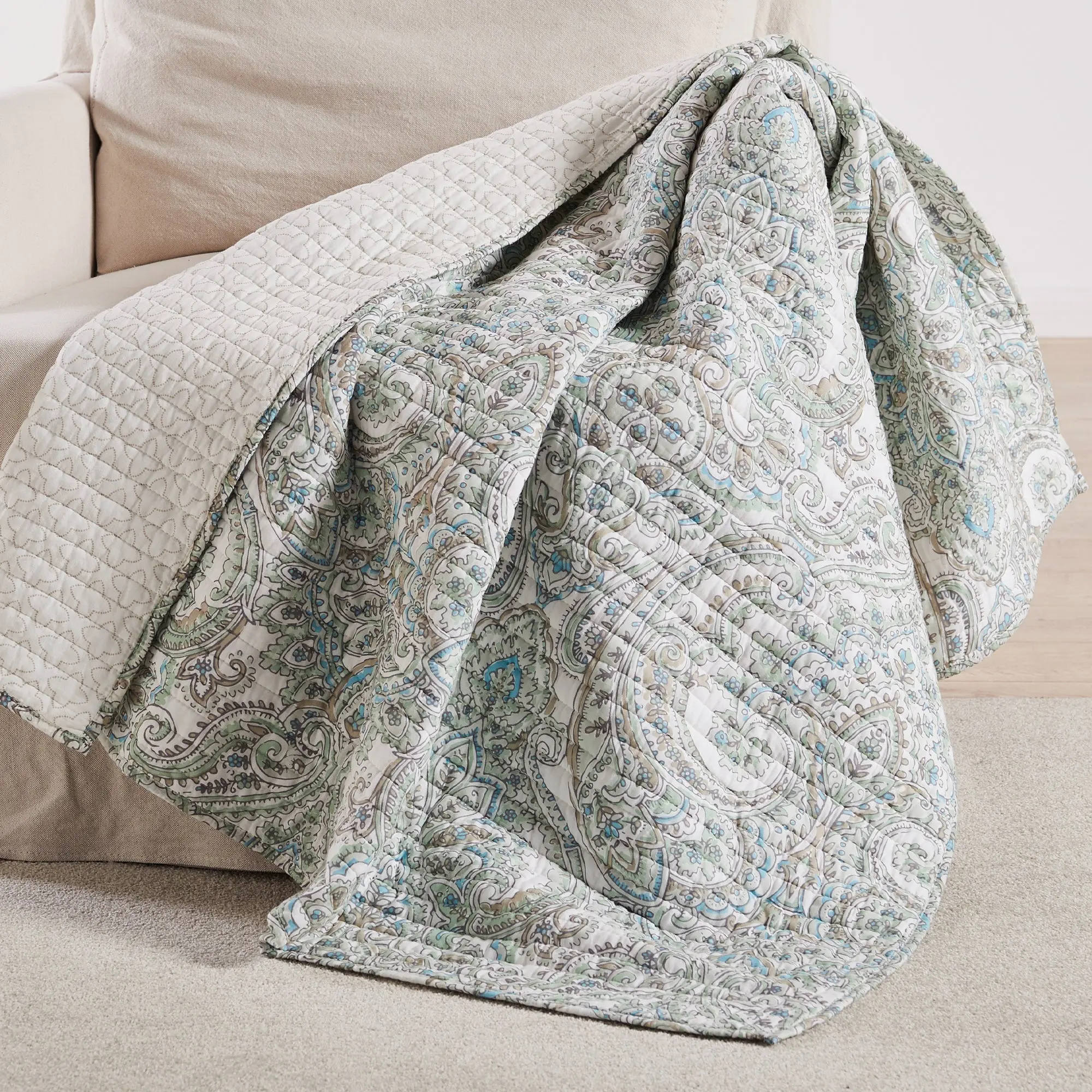 Assisi Mint Blue Reversible Classic Floral Cotton Quilted Throw - 50x60in, Antique Look, Regal Flowers, Machine-Washable Home Soft Furnishing for Living Rooms Room Decor