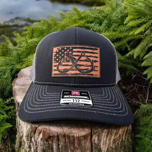 Men’s Fishing & Hunting Hat | Leather Patch Trucker with American Flag Hook Antler | Richardson 112, Flexfit, and Ponytail Options