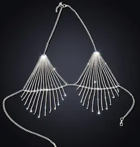Handmade Crystal Open Cup Chain Bra · Adjustable Metal Body Chain Harness · Sparkling Festival Lingerie Top · Crystal Accent Body Jewelry · Statement Chain Bra for Layering, Styling, Photoshoots, Clubwear, Creative Fashion Looks, and Bold Outfit Moments