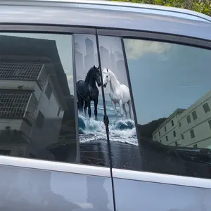 Black and white Double Horse Pattern Car B-pillar Sticker Self Adhesive Waterproof and Scratch Resistant Vinyl Protective Film Personalized Creative Car Stickers Automobile. Universal Disposable Automotive Exterior Decorative Accessories