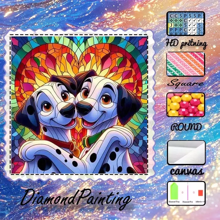 5D-DIY, advanced flocked canvas, diamond art, diamond painting kit, love, dalmatian, stained glass AB drills, fairy dust diamonds, crystal diamonds, perfect home decor, handmade diamond art painting kit, special craft diamond art kit, Diamond Art Tools