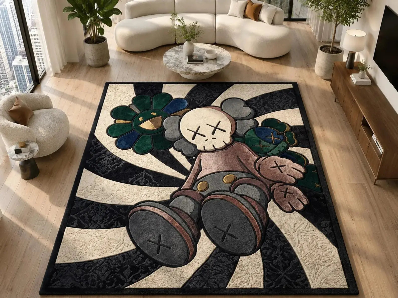 Hand Tufted Pop Art Area Rug - KAWS and Murakami Inspired Hypebeast Decor, Black and White Spiral Background, Custom-Size Household Textile