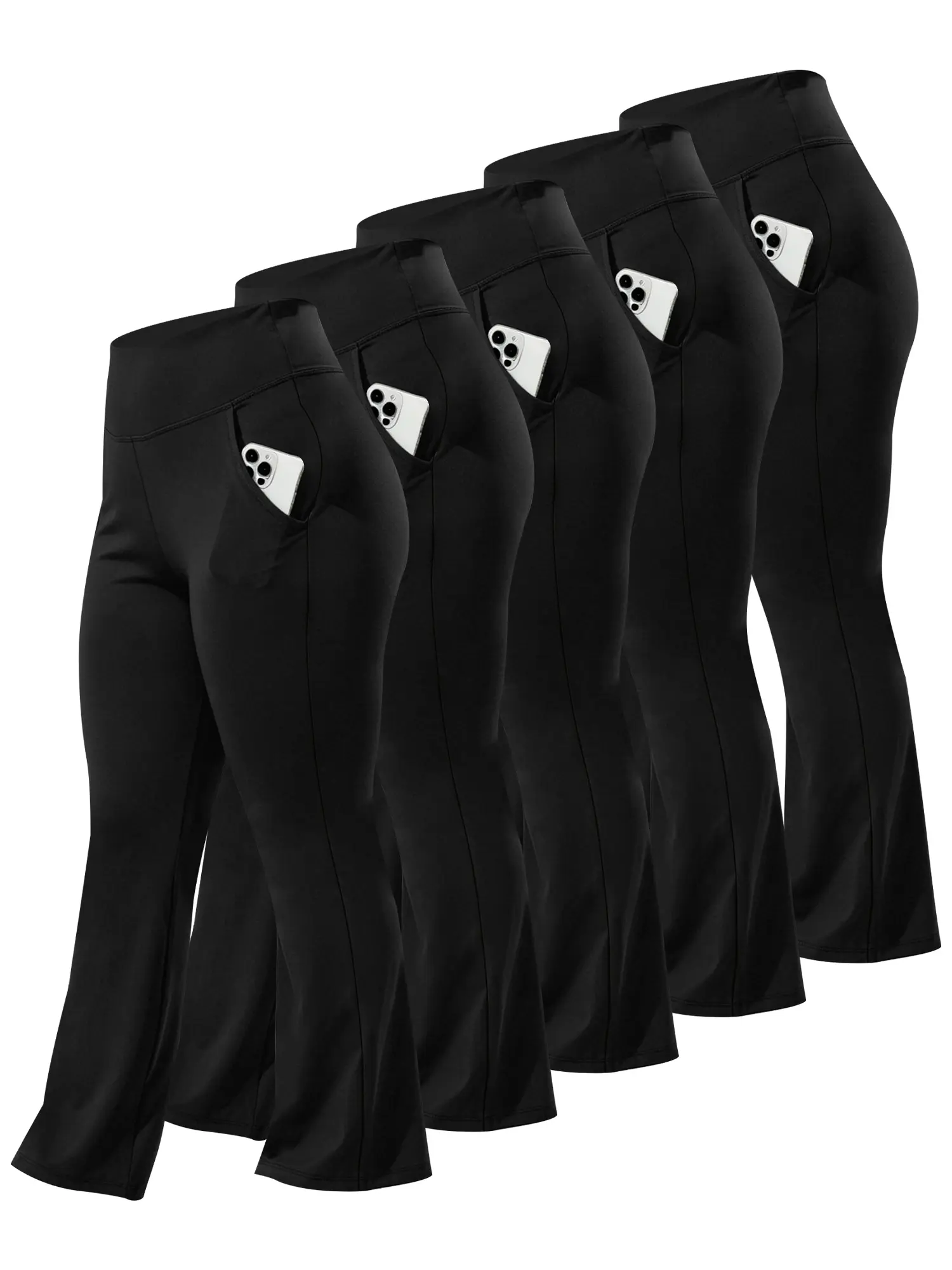 5 Pack Plus Size High Waist Flare Leggings With Side Slash Pockets, Tummy Control Stretchy Bell Bottom Pants, Women's Athletic Trousers For Yoga, Workout, Walking & Daily Casual Wear