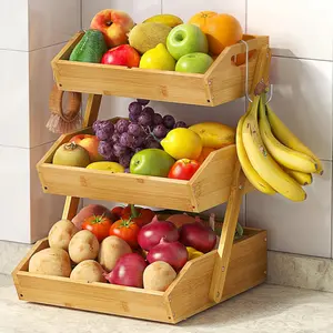 3 Tier Large Bamboo Fruit Basket for Kitchen Counter with 2 Banana Holders, Kitchen Countertop Organizer with Protective Mats, Tiered Fruit Bowl for Bread Snack Veggies with Dividers