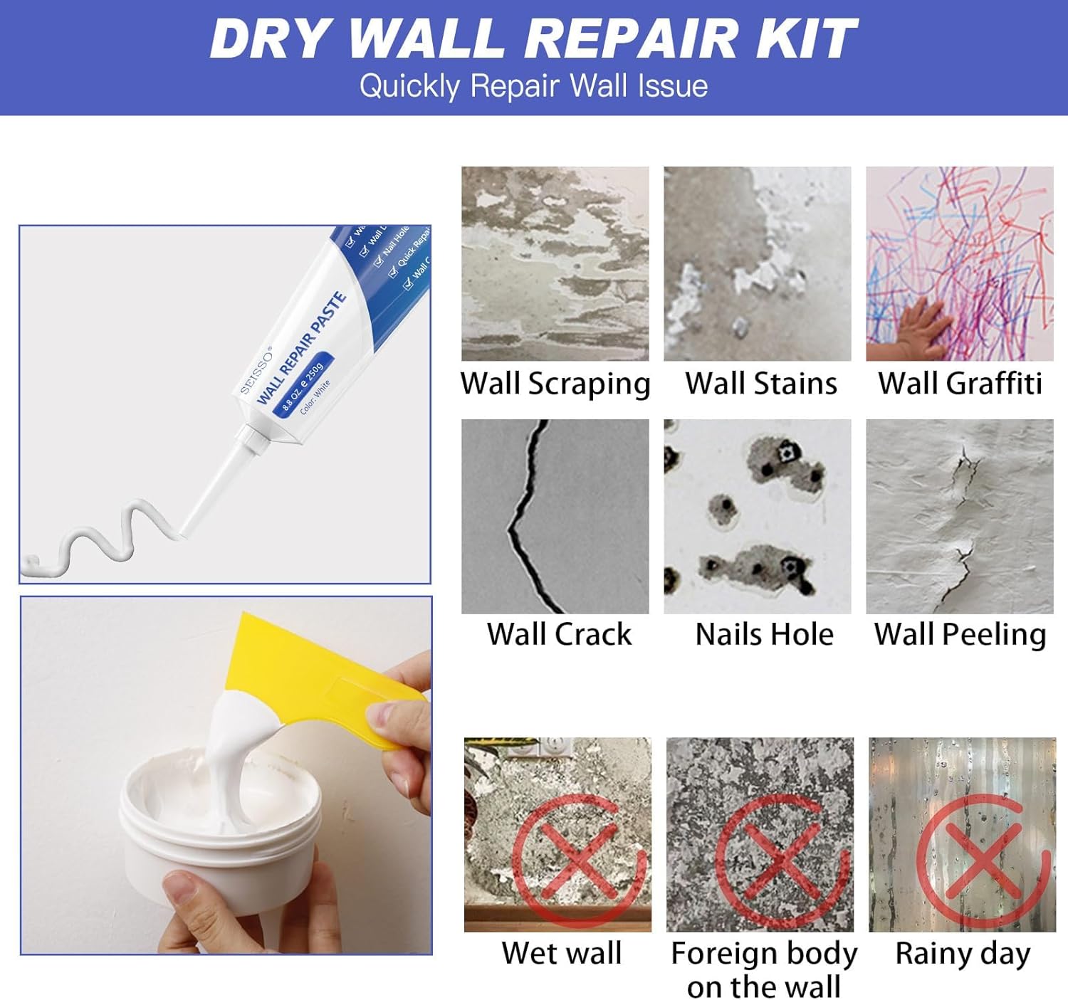 SEISSO Drywall Repair Kit, White- Wall Mending Agent 250 g* 2, Wall Repair Paste Plaster, 1 Pack Wall Putty, Repair Tape and Wall Repair Patch with 2inch 4inch, Quick Fill Crack and Nail Hole SEISSO Drywall Repair Kit, White- Wall Mending Agent 250 g* 2, Wall Repair Paste Plaster, 1 Pack Wall Putty, Repair Tape and Wall Repair Patch with 2inch 4inch, Quick Fill Crack and Nail Hole