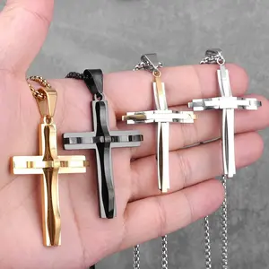 Stainless Steel Double Cross Men Necklaces Pendants Chain, Great Gift