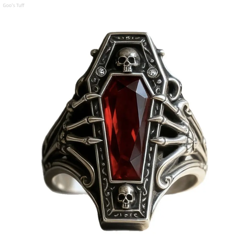 Vintage Gothic Punk Skull Ring, Eco Alloy Antique Gold with Red Rhinestones, Fashion Costume Jewelry Statement Band for Halloween Cosplay & Rock Concert Accessory