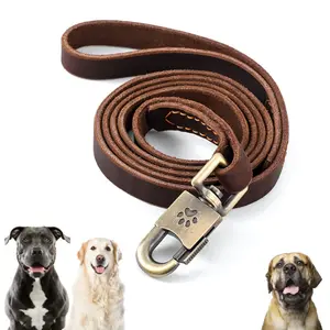 Leather Dog Leash 6FT * 3/4"- Braided, Heavy Duty Dog, Soft Leather with Dog Treat Pouch for Large Medium Small Dogs training step leash