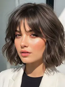 Fashionable New Short Curly Dark Brown Wigs with Bangs Synthetic Machine Wigs for Women, Suitable for Ordinary Work, Life, Dance Parties and All Occasions