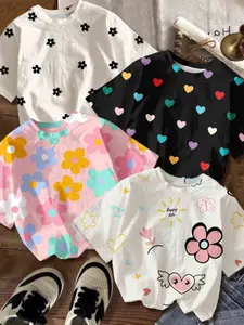 4-piece set of girls' casual simple short sleeved round neck T-shirt, Graphic tee, comfortable and fitted for spring and summer, soft and breathable, versatile for daily use, campus casual style, machine washable and easy to maintain