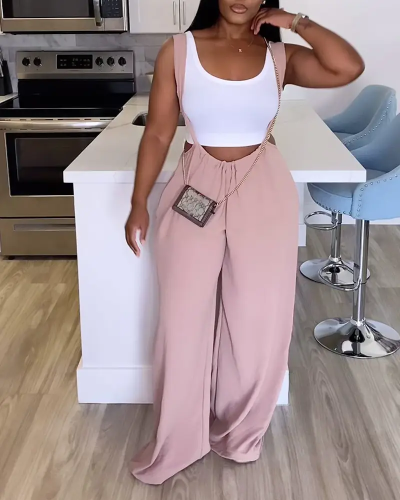 Chicme Women's Drawstring Wide Leg Suspender Jumpsuit Comfortable Silhouette Overalls