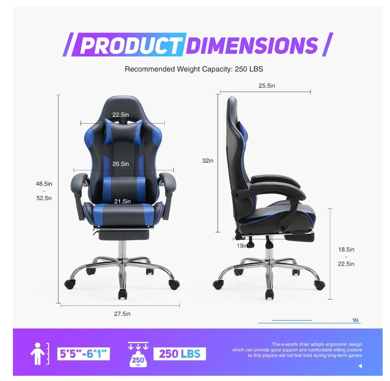 Gaming Chair with Footrest, Ergonomic Office Computer Desk Chair w/Spring Cushion, Lumbar Support & Headrest, Black/Blue