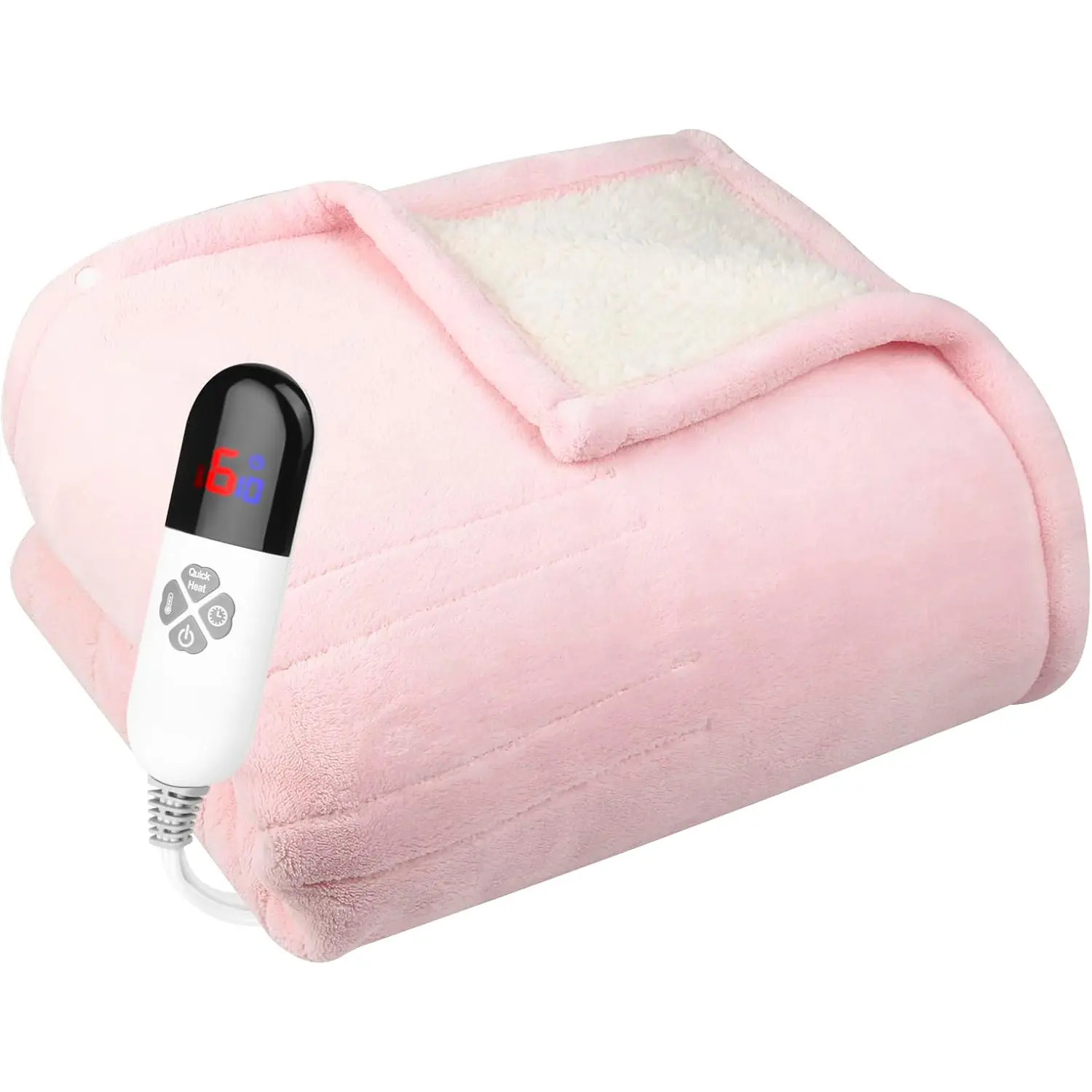 Electric Heated Throw Blanket Sherpa 62"x84" Pink Machine Washable 6 Heat Settings 10 Hours Auto Off Overheat Protection for Home Office Use