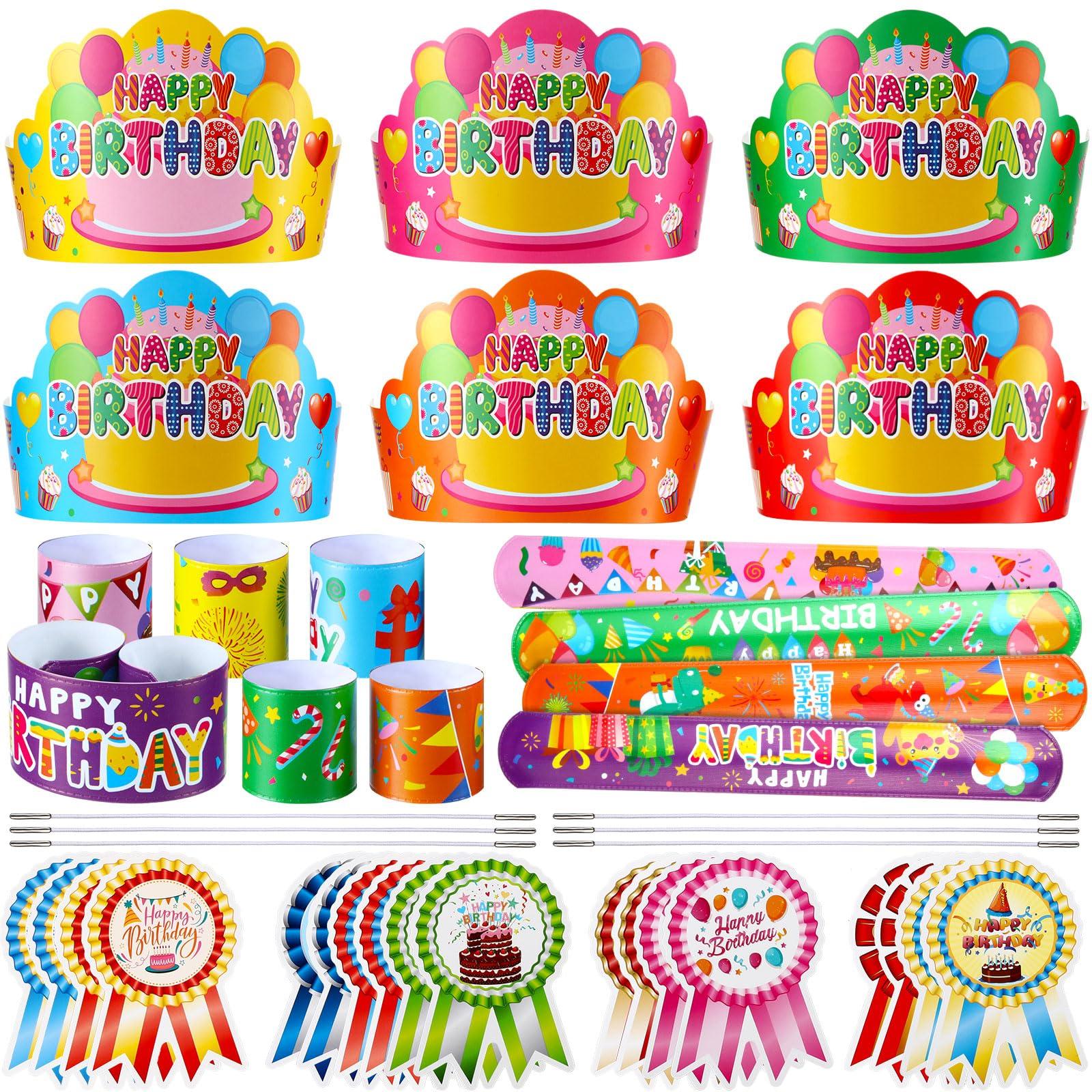 36 Sets Classroom Birthday Party Favors, Back to School Class Paper Birthday Crowns with Adjustable Elastic Band Badge Stickers Slap Bracelets, Birthday Hats Party Supplies Decor Birthday Gifts from Teacher for Kindergarten Preschool Elementary Student