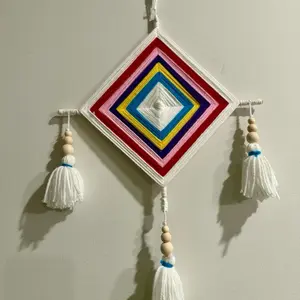 Silam Sakma Wall Decor - Colorful Square Design with Tassels and Beads - Abstract Art for Home Decoration