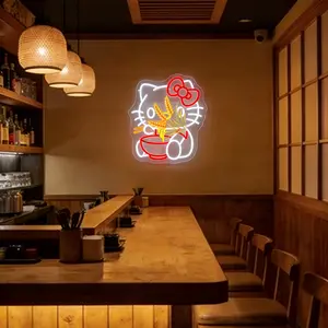 Cute anime LED neon light featuring a kitten holding a bow while eating noodles; decorative for kitchens and restaurants; dimmable three colors (red, yellow, white); perfect birthday gift for girls and teen fans; USB-powered wall art night light decoratio