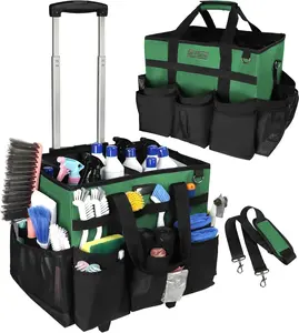 Large Rolling Cleaning  Bag with Wheels, Cleaning Bag with Detachable Trolley, Cleaning Bags on Wheels for Housekeepers, Cleaning Cart Supplies Organizer for , , Picnic (Green)