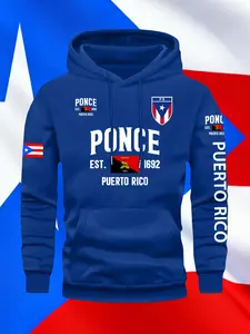 Men's Fall Winter Trendy Puerto Rico Print Hoodie, Casual Fitted Pullover, Drawstring Pocket Design, Ponce Logo, Fashionable Men's Hooded Sweatshirt, Graphic Sweatshirts