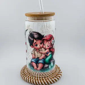 Adorable Mermaid & Merman Glass Tumbler Reusable Drinkware Iced Coffee Cup with Bamboo  Lid Plastic Straw