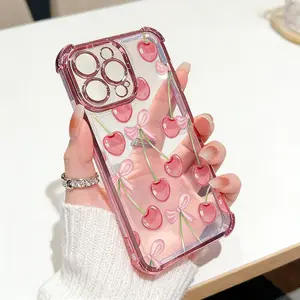 Four Corner Anti-Fall Cherry Bows Pattern Phone Case for iPhone 17 16 Pro Max 15 Plus 14 13 12 11 Ari E Shockproof Transparent Electroplated Protective Cover