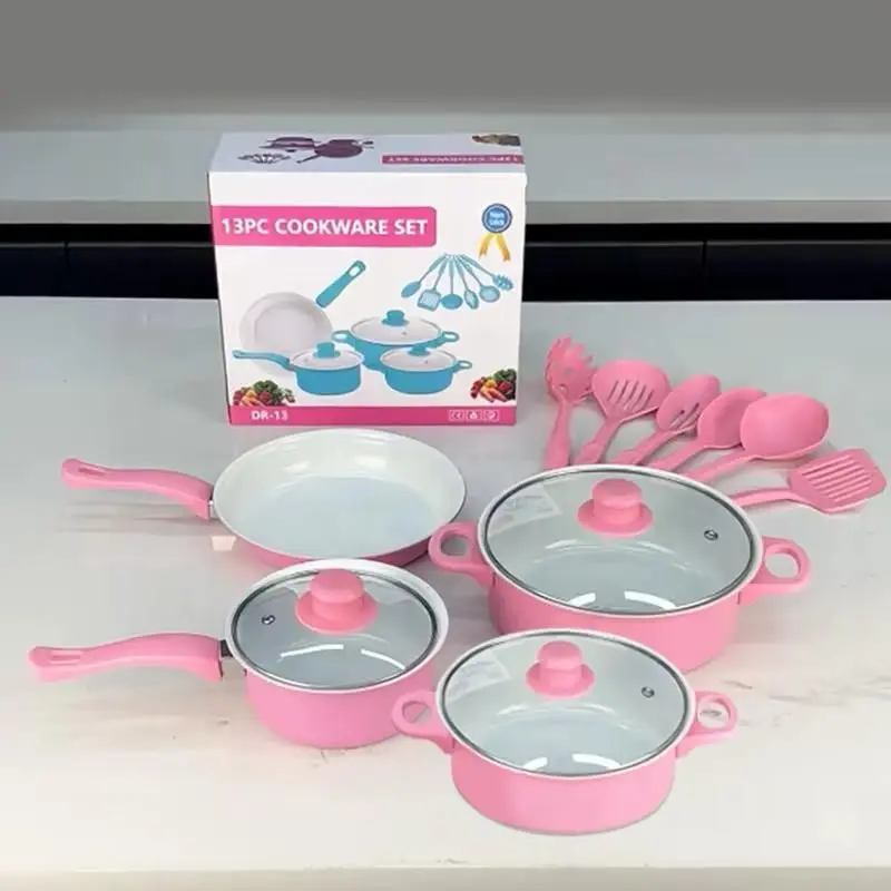 13PC Cookware Set - Pink Non-Stick Pots & Pans with Lids, Utensils, and Spatulas for Kids' Cooking