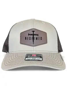 REDEEMED Christian Trucker Hat – Cross and Nails Leather Patch Cap – Faith-Based Snapback Hat – Inspirational Jesus Gift for Men