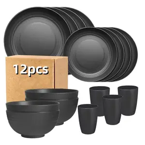 12-Piece Kitchen Plastic Wheat Straw Dinnerware Set,  Dinner Plates, Dessert Plate, Cereal Bowls, Cups, Unbreakable Colorful Plastic Outdoor Camping Dishes, Deep Black