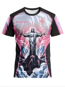 Men's Brazil Style Football Sports Shirt, Cartoon Print Round Neck Comfortable Sport Top, Ideal for Matches, Training, Fitness, Casual Wear, Football Jersey