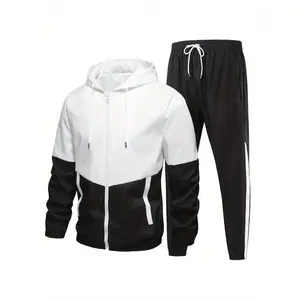 Men’s Fashionable Casual Colorblock Sports Set – Hooded Jacket and Pants, Polyester Fiber, Machine Washable, Suitable for All Seasons, Casual Sports Set Includes Top + Pants