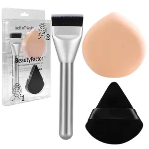 Flat Foundation Brush and Powder Puff Set, Korean Teardrop Sponge for Liquid Foundation, Premium Face Makeup Sponge for Blending Cream Setting Powder