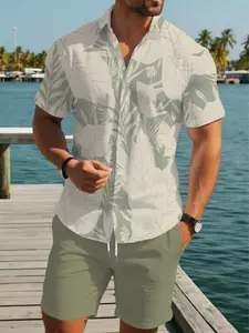 Men's Summer Short Sleeve Shirt Set, Printed Graphic Beach Casual Shirt + Shorts, Lightweight Breathable Vacation Top, Trendy Fashion
