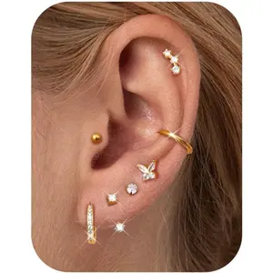 CASSIECA Women's Hypoallergenic Surgical Steel Earring Stacking Set, Gold-Plated Dainty Huggie Hoop & Stud Earrings for Multiple Cartilage Piercings