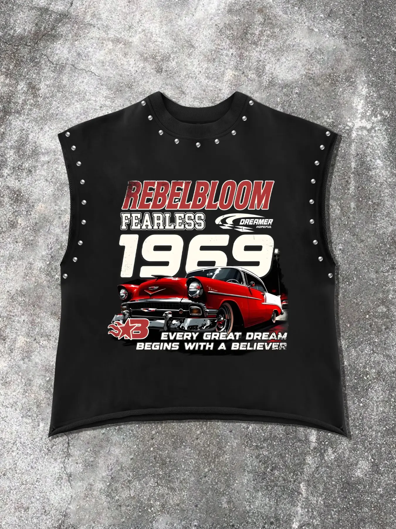 American Vintage Rivet Decorated Fitted Sleeveless Casual T-Shirt Tops, Comfortable Skin-Friendly Fabric, Retro Car Print, Perfect for Streetwear & Parties, Piece