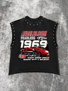 American Vintage Rivet Decorated Sleeveless T-Shirt, Comfortable Skin-Friendly Fabric, Retro Car Print, Perfect for Streetwear & Parties