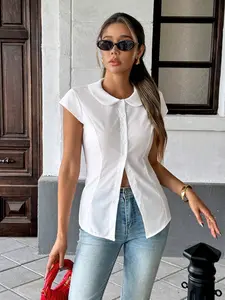 Spring Summer Peter Pan Collar Cap Short Sleeve Shirt, Button Front & Tie Back Waist, Fitted Long Top for Daily Commute, Everyday Womenswear Blouse