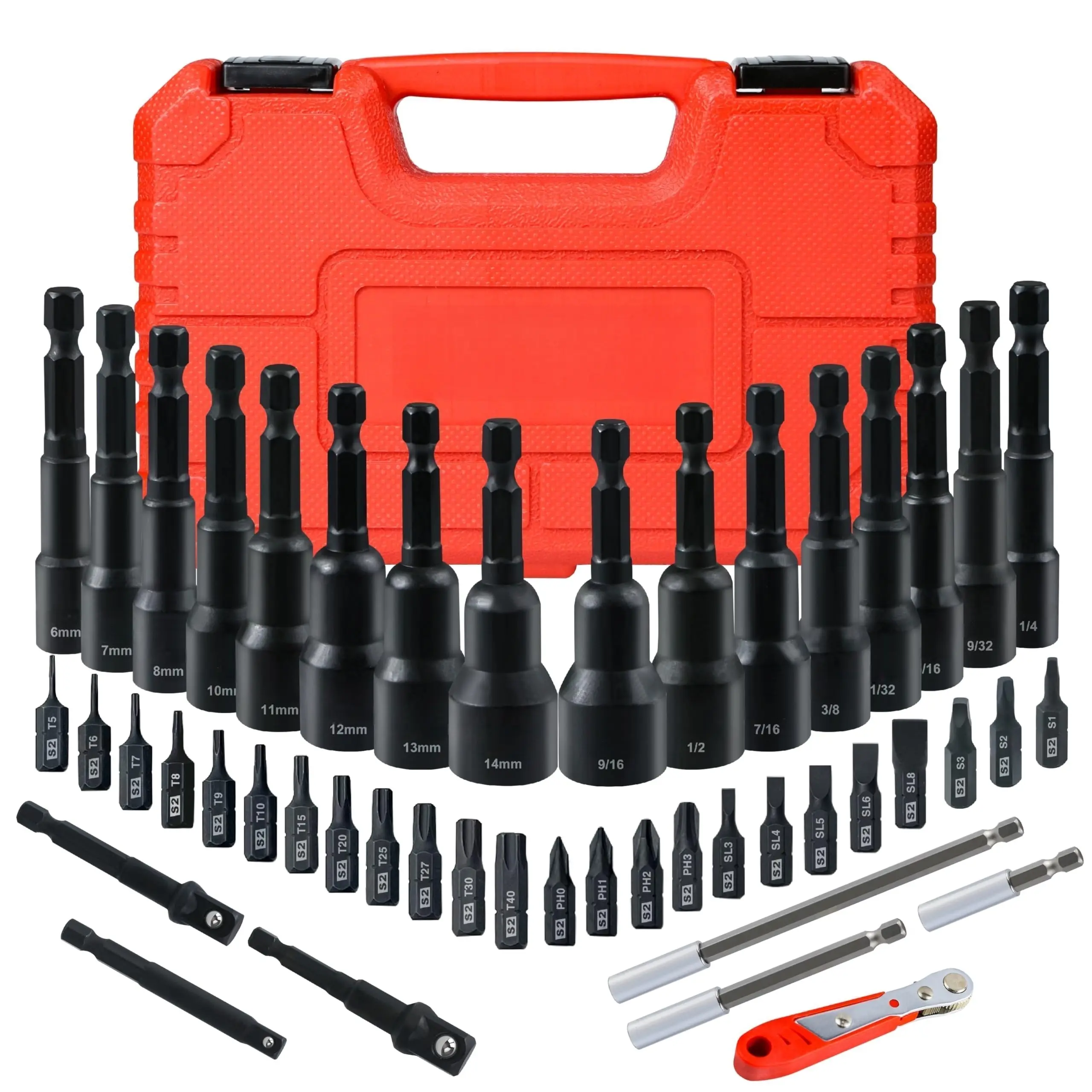 Nanwei 47-Piece Magnetic Nut Driver & Screwdriver Bit Set, Metric & SAE Torx Bits, Impact Drill Compatible, Auto Repair & Home DIY Tool Kit, External Torx Socket Set extension
