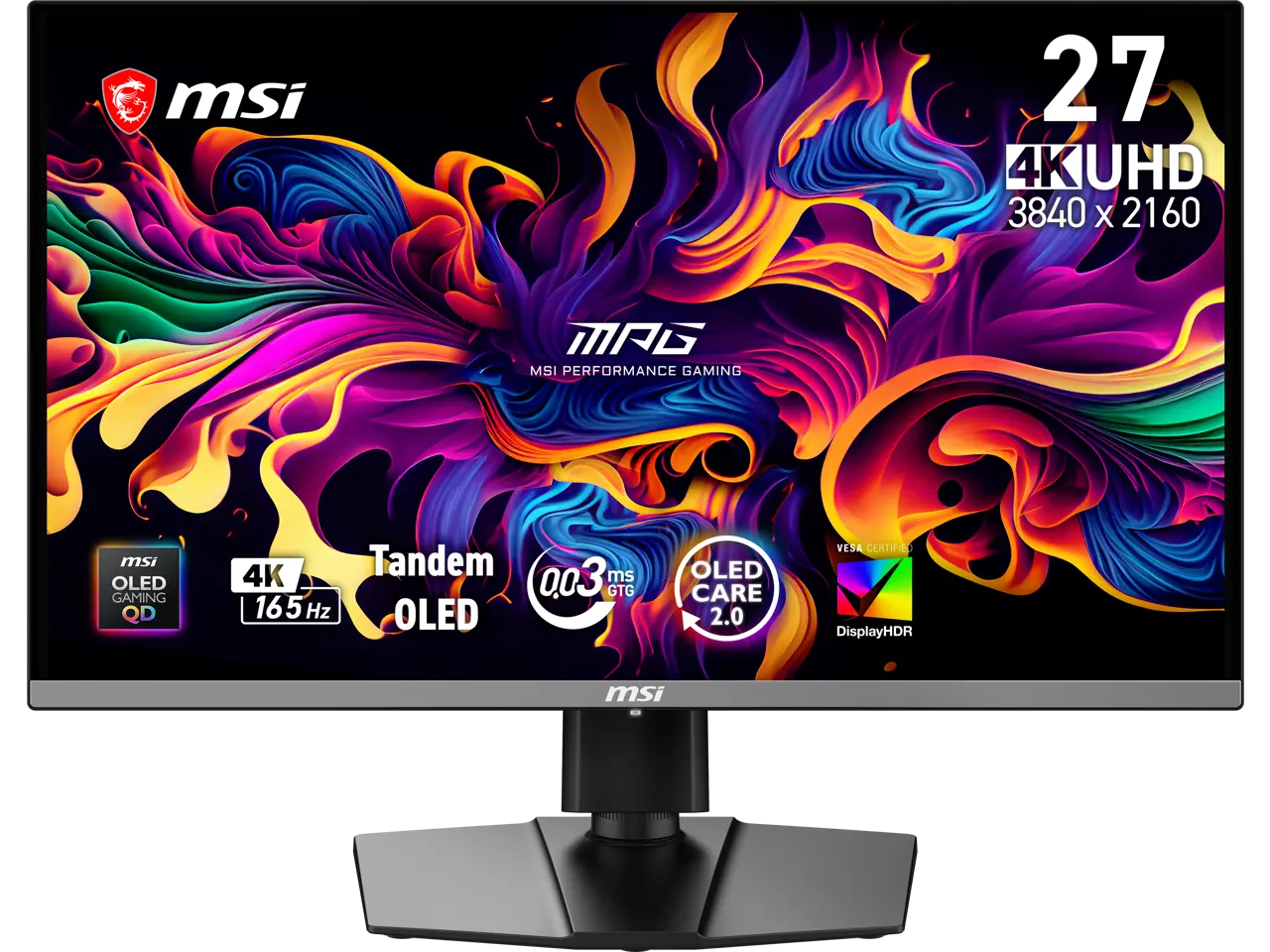 MSI 27 inch (26.5" viewable) UHD 4K 165Hz Adaptive Sync  OLED Gaming Computer Monitor with Height Adjustable, Swivel, Pivot & Tilt Stand MAG 272UP QD-OLED E16