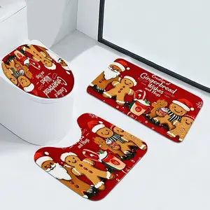 3-Piece Imitation Cashmere Gingerbread Man Bathroom Mat Set—Christmas Design, Skin-Friendly & Breathable, Perfect for Living Room, Bedroom, Bathroom, Kitchen