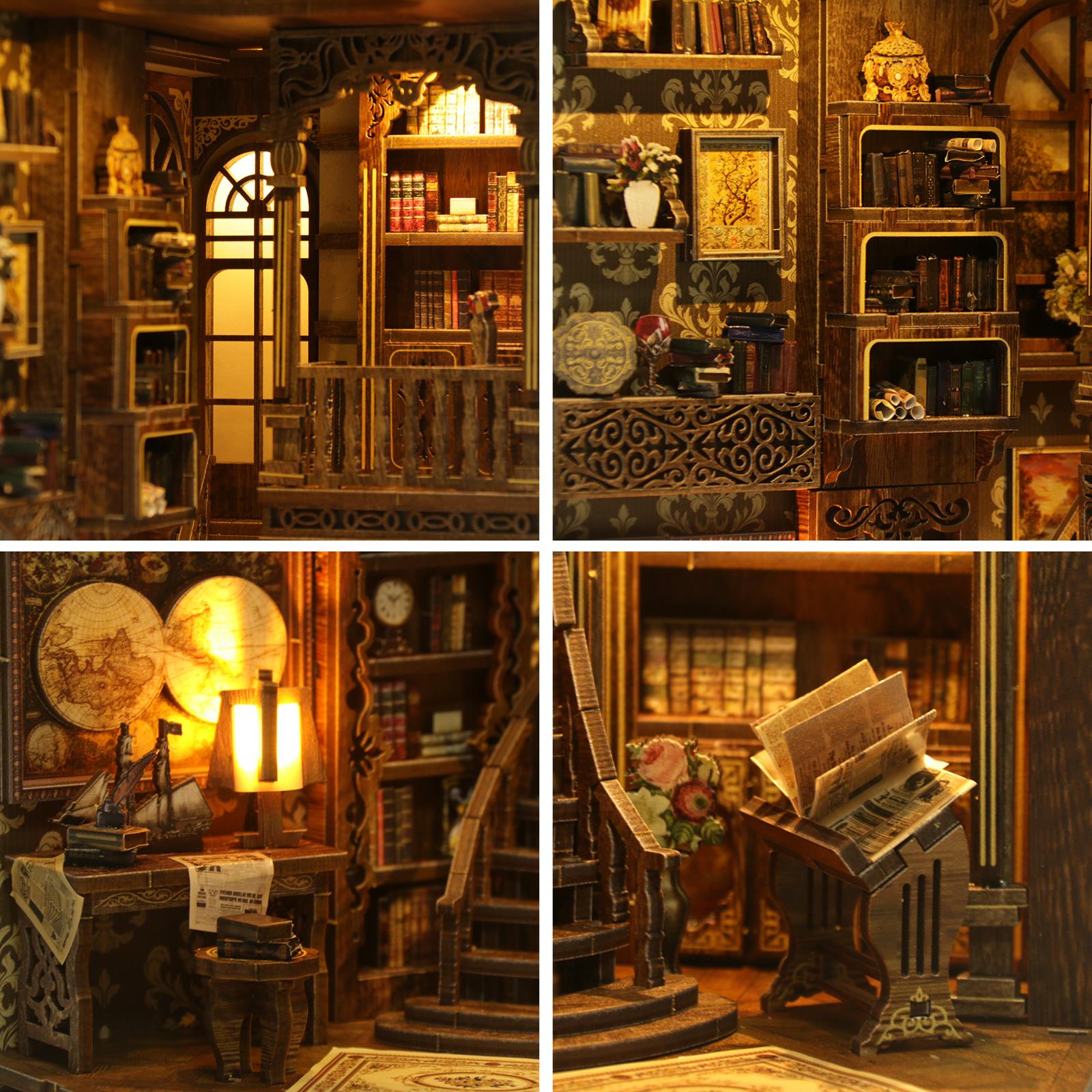 DIY Book Nook Kit Ancient Library – Wooden Miniature Dollhouse with LED Light, Bookshelf Insert Decor